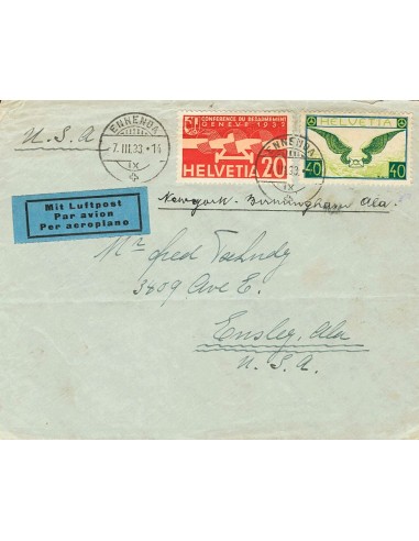Suiza, Aéreo. Sobre Yv 14, 17. 1933. 40 cts verde y 20 cts rojo. Correo Aéreo de ENNENDA a ENSLEY (U.S.A.). MAGNIFICA.