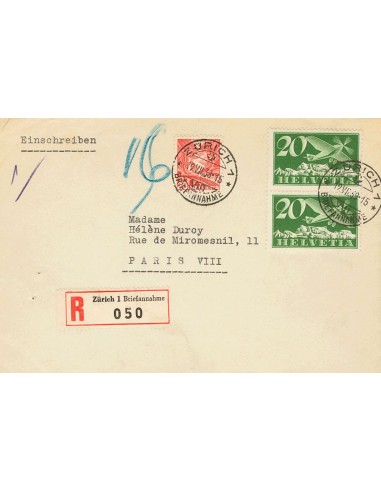 Suiza, Aéreo. Sobre Yv 4(2). 1938. 20 cts verde, dos sellos y 20 cts rojo. Certificado de ZURICH a PARIS. MAGNIFICA.