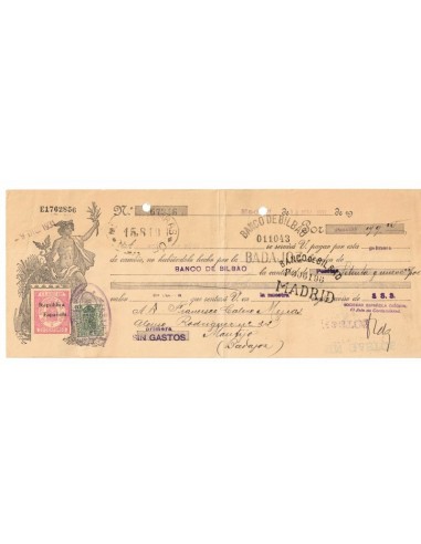 1931. Letra de cambio de Madrid con timbre Clase 12 habilitado República Española + Especial movil 15 cts