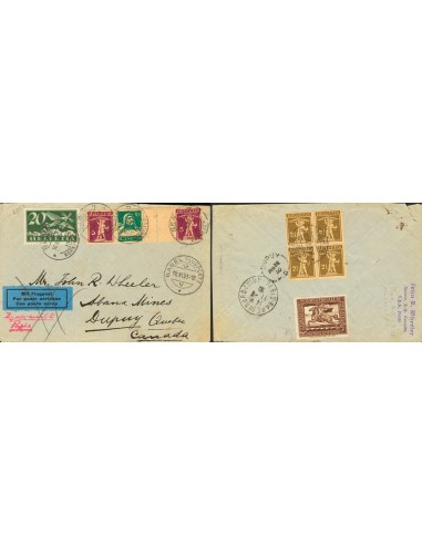 Suiza. Sobre Yv 198(2), 200. 1930. 5 cts violeta, dos sellos y 10 cts verde, unidos en tira con interpanel. BERNA a DUPUY (CAN