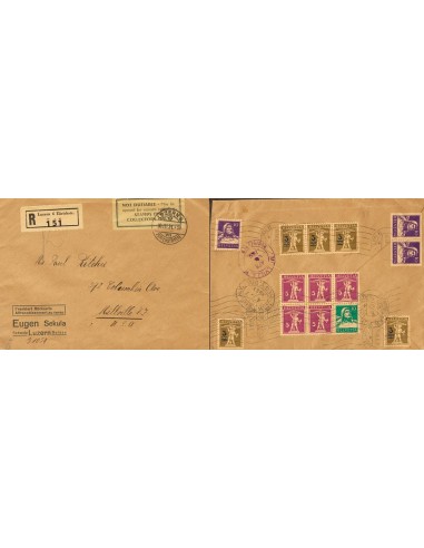 Suiza. Sobre Yv 198(5), 200. 1931. 5 cts violeta, cinco sellos y 10 cts verde, unidos en bloque. Certificado de LUCERNA a MILV