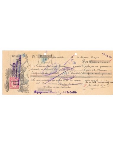 1932. Letra de cambio de Montijo con timbre habilitado República Española