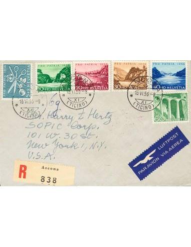 Suiza. Sobre Yv 576/80. 1956. Serie completa y 60 cts verde. Certificado de ASCONA a NUEVA YORK (U.S.A.). Al dorso llegada. MA