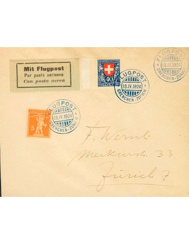 Suiza. Sobre Yv 195, 159. 1924. 40 cts azul y rojo y 5 cts naranja. Correo Aéreo de GRENCHEN a ZURICH. Al dorso llegada. MAGNI