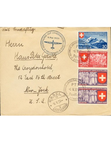 Suiza. Sobre Yv 320, 326(2), 328. 1939. 20 cts (Leyenda Francesa), 10 cts, dos sellos y 30 cts. ZURICH a NUEVA YORK. MAGNIFICA