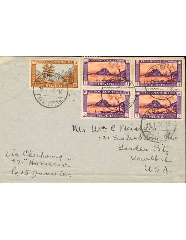 Suiza. Sobre Yv 235(4), 236. 1930. 5 cts, bloque de cuatro y 10 cts. GINEBRA a NUEVA YORK (U.S.A.). MAGNIFICA.