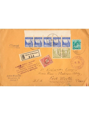 Suiza. Sobre Yv 271(2), 272, 277(5). 1936. 3 cts oliva, dos sellos, 5 cts verde y 30 cts azul, cinco sellos. Certificado de ZU