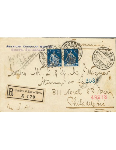 Suiza. Sobre Yv 120(2). 1910. 25 cts azul, pareja. Certificado de GINEBRA a PHILADELPHIA (U.S.A.). Al dorso llegada. MAGNIFICA