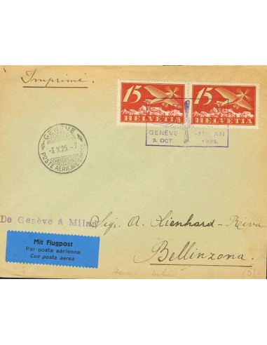 Suiza, Aéreo. Sobre Yv 3. 1925. 15 cts rojo, oliva y carmín, dos sellos. GINEBRA a BELLINZONA. Al dorso llegada. MAGNIFICA.