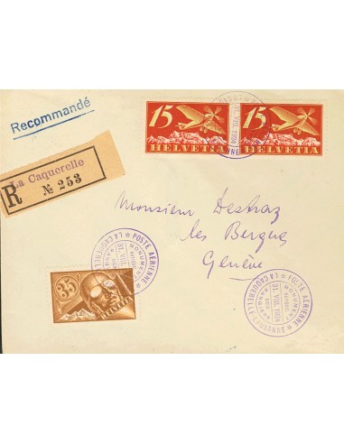 Suiza, Aéreo. Sobre Yv 3(2), 6. 1924. 15 cts, dos sellos y 35 cts. Certificado de LA CAQUERELLE a GINEBRA. Matasello POSTE AER