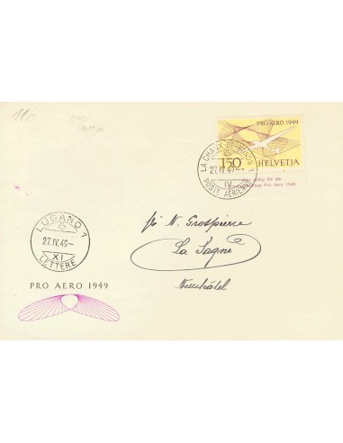 Suiza, Aéreo. Sobre Yv 44. 1949. 1´50 fr amarillo y violeta. Sobre de Primer Día. MAGNIFICO.