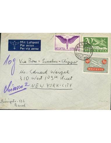 Suiza, Aéreo. Sobre Yv 4, 9, 12. 1927. 20 cts verde, 50 cts negro y rojo y 1 fr violeta. Correo Aéreo de BASILEA a NUEVA YORK