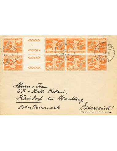 Suiza. Sobre Yv 482(8). 1955. 5 cts naranja, bloque de ocho con interpanel. LUGANO a KAINDORF BEI HARTBERG (AUSTRIA). MAGNIFIC