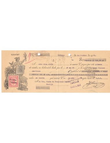 1931. Letra de cambio de Badajoz con timbre Clase 8 habilitado República Española + Especial movil 30 cts