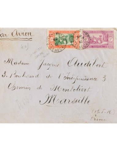 Senegal. Sobre Yv 82, 109. 1931. 50 cts naranja y verde y 3 fr lila. Correo Aéreo de DAKAR a MARSELLA (FRANCIA). Remitida por