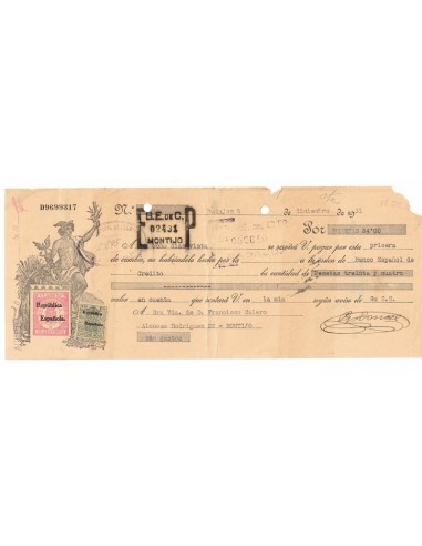 1931. Letra de cambio de Badajoz con timbre Clase 12 + Especial movil 15 cts, ambos habilitados República Española