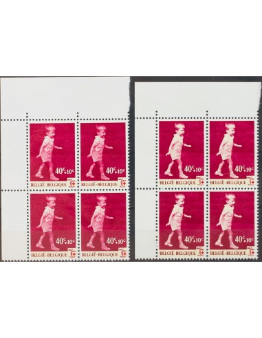 Bélgica. **Yv 1262(4). 1963. 40 cts + 10 cts lila rosa, ocre y rojo, en bloque de cuatro. Variedad SIN COLOR OCRE, en el traje