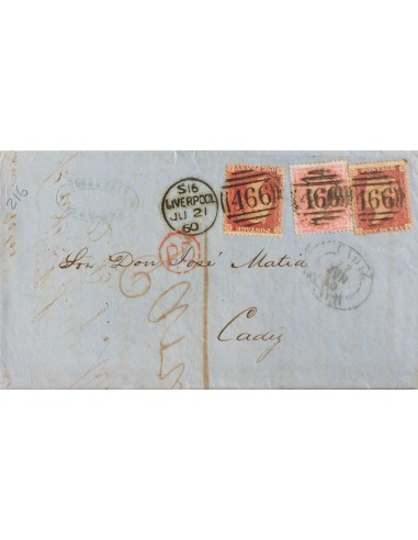 Gran Bretaña. Sobre Yv 14(2), 18. 1860. 1 p rojo, dos sellos y 4 p rosa. LIVERPOOL a CADIZ. Matasello dúplex LIVERPOOL / 466,