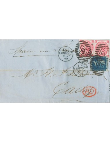 Gran Bretaña. Sobre Yv 27, 33(2). 1872. 2 p azul (doblez de archivo) y 3 p rosa Plancha 8, dos sellos. LONDRES a CADIZ. Matase