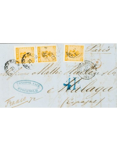 Suecia. Sobre Yv 9(3). 1858. 24 ore naranja, tres sellos. Frontal de ESTOCOLMO a MALAGA (circulada con anterioridad al conveni