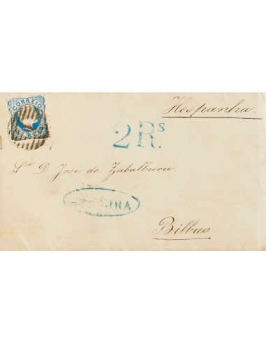 Portugal. Sobre Yv 11. 1857. 25 reis azul (márgenes justos). FUNCHAL a BILBAO. Matasello Parrilla numeral "51", en el frente m