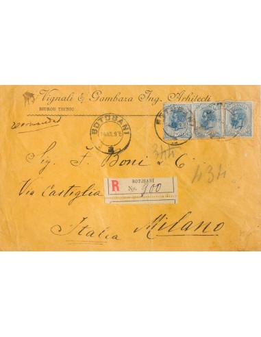 Rumanía. Sobre 108(3), 103(3). 1905. 25 b, tira de tres y 5 b, cinco sellos (franqueados al dorso). Certificado de BOTOSANI a
