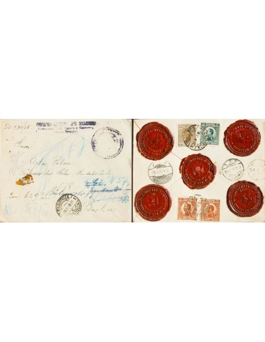 Yugoslavia. Sobre Yv 161, 163(2), 171. 1924. 2 d verde, 5 d castaño rojo, dos sellos y 50 p sepia (franqueados al dorso). Valo