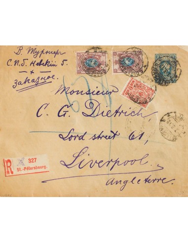 Rusia. Sobre Yv 63, 69(2). 1912. 7 k azul sobre Entero Postal Certificado de SAN PETERSBURGO a LIVERPOOL (INGLATERRA), con fra