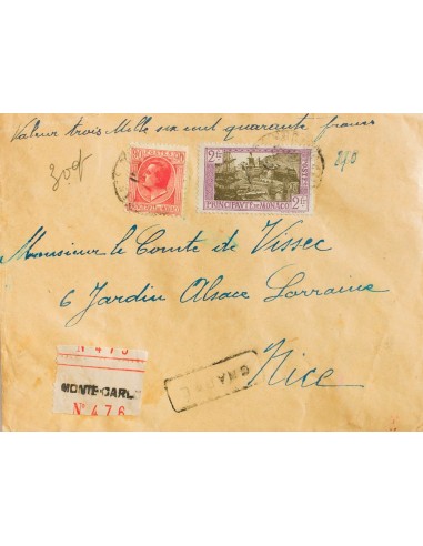 Mónaco. Sobre Yv 94, 100. 1897. 90 cts rosa y 2 fr lila rosa y castaño. Valor Declarado de MONTE CARLO a NIZA. MAGNIFICA.
