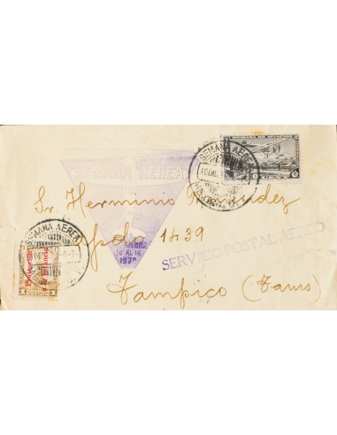 Méjico. Sobre Yv 460, Aéreo 24. 1929. 1 ctvo castaño y 20 ctvos gris violeta. MEXICO a TAMPICO. Matasello SEMANA AEREA / MEXIC