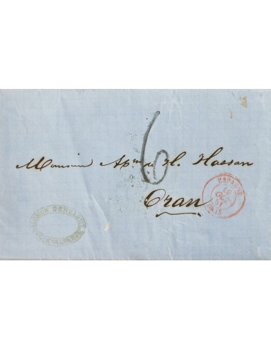Gibraltar. Sobre . 1861. GIBRALTAR a ORAN, circulada por el correo español. Fechador francés de entrada ESPAGNE / ORAN, en roj