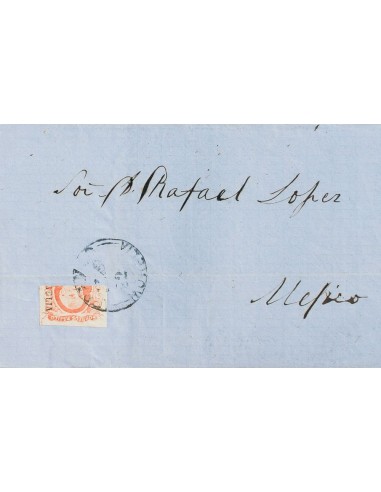Méjico. Sobre Yv 4b. 1860. 4 reales rojo BISECTADO. MORELIA a MEXICO. Matasello FRANCO / MORELIA (Schatzkes 901). MAGNIFICA Y