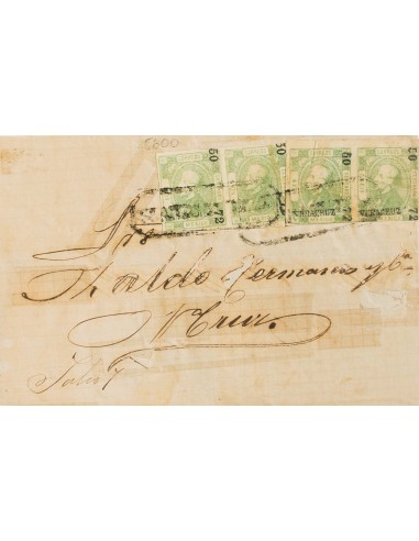 Méjico. Sobre Yv 49(4). 1872. 6 ctvos verde, dos parejas. SAN ANDRES TUXTLA a VERACRUZ (carta con ciertas erosiones hábilmente