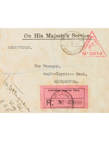 Gran Bretaña, Correo de Campaña / Militar. Sobre Yv . 1916. Certificado dirigido a ALEJANDRIA (EGIPTO), remitido por un corone