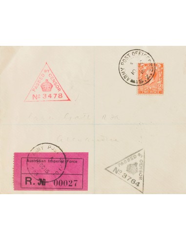 Gran Bretaña, Correo de Campaña / Militar. Sobre Yv 142. 1916. 2 p naranja. Certificado dirigido a ALEJANDRIA (EGIPTO). Matase