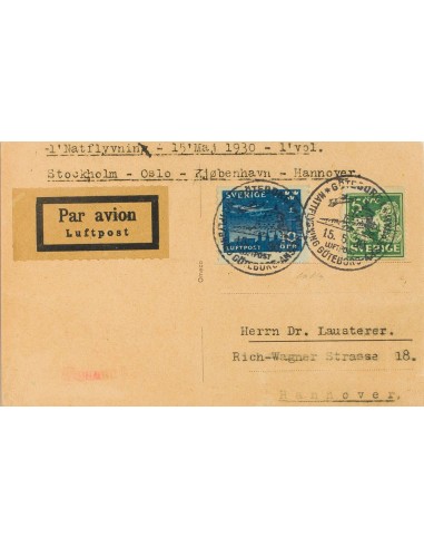 Suecia. Sobre Yv 155b, Aéreo 4. 1930. 5 ore verde y 10 ore azul. Tarjeta Postal de GOTEBORG a HANNOVER. Matasello GÖTEBORG / N