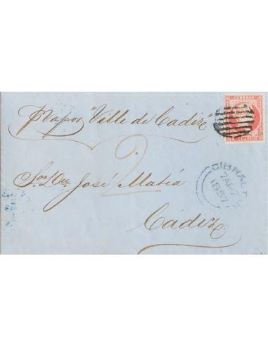 Gibraltar. Sobre 48. 1857. 4 cuartos rojo. GIBRALTAR a CADIZ. Tasada con "2" (peniques) por el correo británico, en el frente