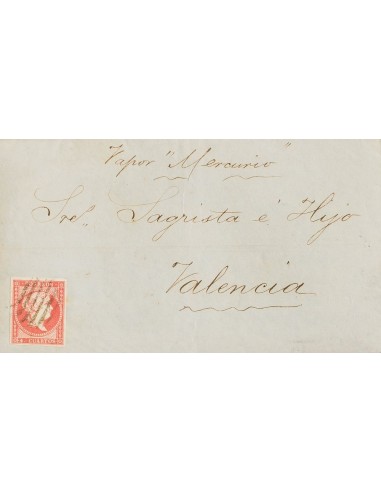 Gibraltar. Sobre 48. 1857. 4 cuartos rojo. GIBRALTAR a VALENCIA. Manuscrito "Vapor Mercurio". MAGNIFICA E INUSUAL ORIGEN EN LA