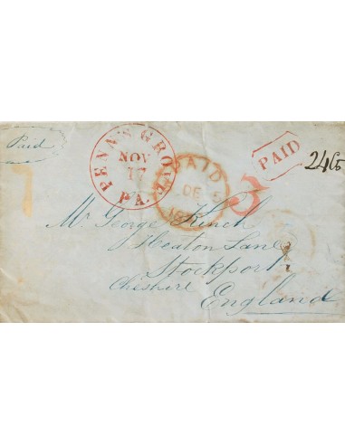 Estados Unidos, Prefilatelia. Sobre Yv . 1852. PENN´S GROVE a STOCKPORT (INGLATERRA). Fechador PENN´S GROVE / PA, en rojo, mar