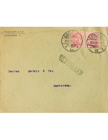 Dinamarca. Sobre Yv . 1906. 10 ore rosa, dos sellos procedentes de Enteros Postales. COPENHAGUE a AMSTERDAM. Al dorso llegada.