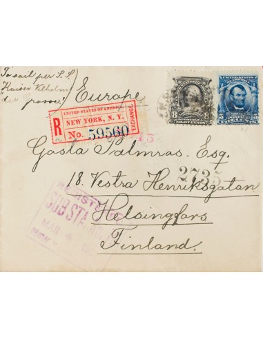 Estados Unidos. Sobre Yv 148, 150. 1904. 5 ctvos azul y 8 ctvos violeta negro. Certificado de NUEVA YORK a HELSINGFORS (FINLAN