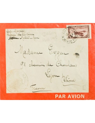 Marruecos Francés, Aéreo. Sobre Yv 6. 1927. 80 cts castaño lila. Correo Aéreo de MEKNES a LYON (FRANCIA). En el frente marca d