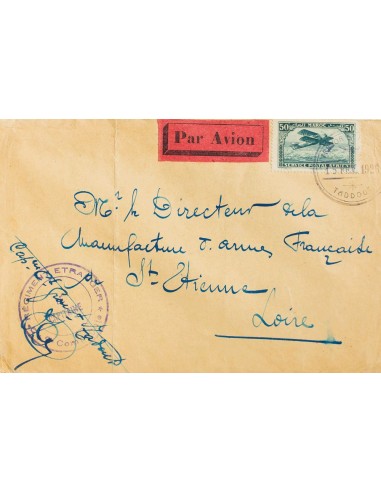 Marruecos Francés, Aéreo. Sobre Yv 3. 1926. 50 cts azul verde. Correo Aéreo de TADOUT a SAINTE ETIENNE. Matasello especial de