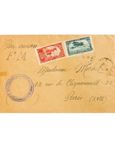 Marruecos Francés. Sobre Yv 107, Aéreo 3. 1926. 30 cts rojo y Aéreo 50 cts azul verde. Correo Aéreo de KENITRA a PARIS. En el