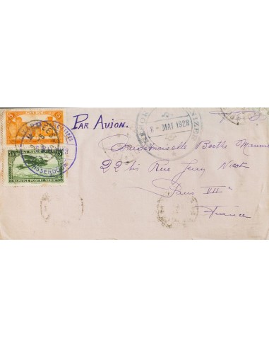 Marruecos Francés. Sobre Yv 101, Aéreo 5. 1928. 5 cts naranja y 75 cts verde. AIN ASSERDOUN a PARIS. Matasello POSTES AUX ARME