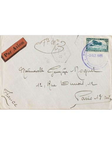 Marruecos Francés, Aéreo. Sobre Yv 3. 1925. 50 cts azul verde. HAD COURT a PARIS. Matasello HAD COURT / MAROC y fechador de fr