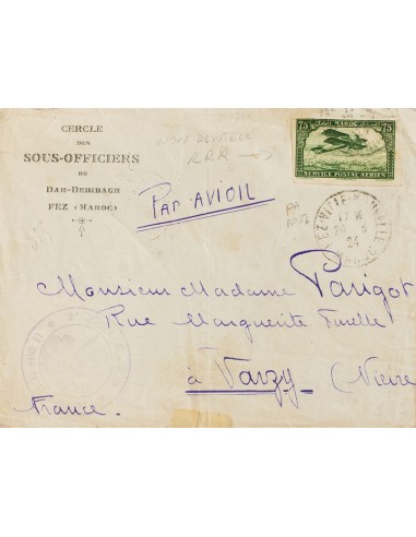 Marruecos Francés, Aéreo. Sobre Yv 5b. 1924. 75 cts verde SIN DENTAR. Correo Aéreo de FEZ a VARZY (FRANCIA). En el frente marc