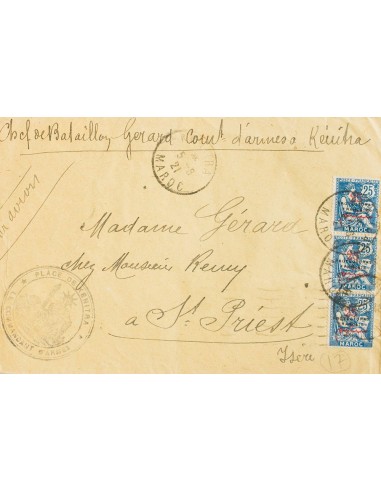 Marruecos Francés. Sobre Yv 44(3). 1921. 25 cts sobre 25 cts azul, tira de tres. KENITRA a SAINT PRIEST. En el frente marca de