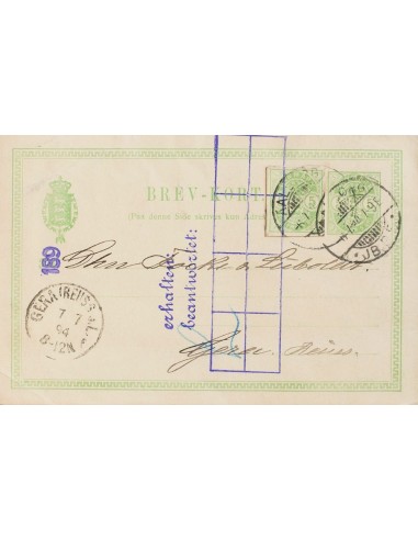 Dinamarca. Sobre Yv . 1894. 5 cts verde amarillo sobre Tarjeta Entero Postal de ALBORG a GERA (ALEMANIA), con franqueo complem