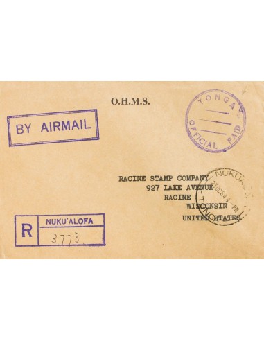 Tonga. Sobre Yv . 1964. Certificado de NUKU´ALOFA a RACINE (U.S.A.). Marca de franquicia TONGA / OFFICIAL PAID, en violeta y a